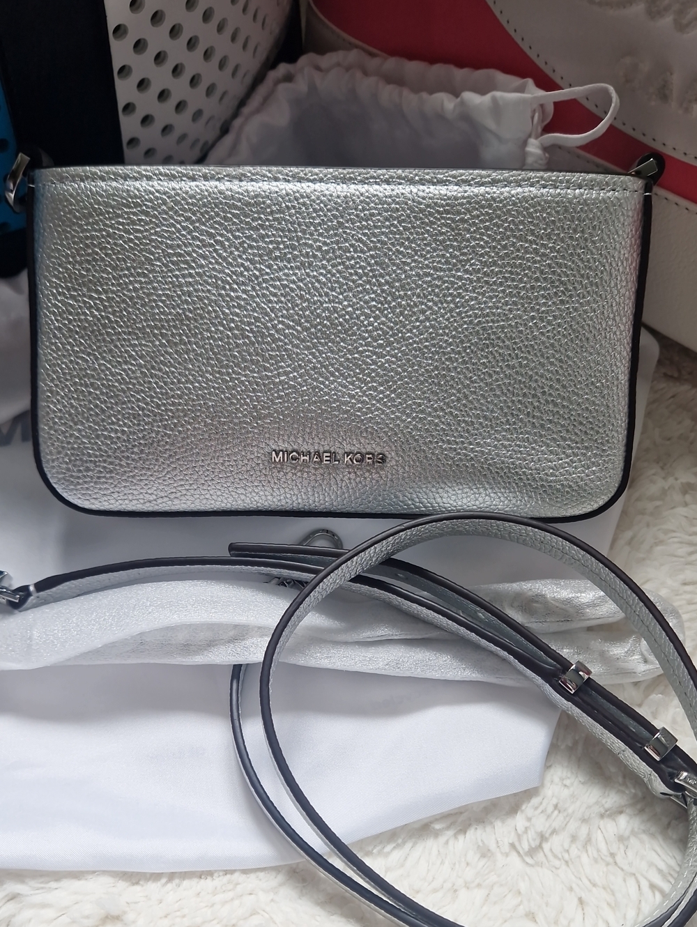 Michael Kors Silver Pebbled Leather Crossbody Bag